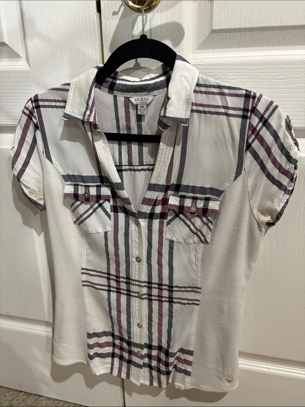 Guess Cream Plaid Short-Sleeve Button Shirt with Burgundy & Gray Stripes